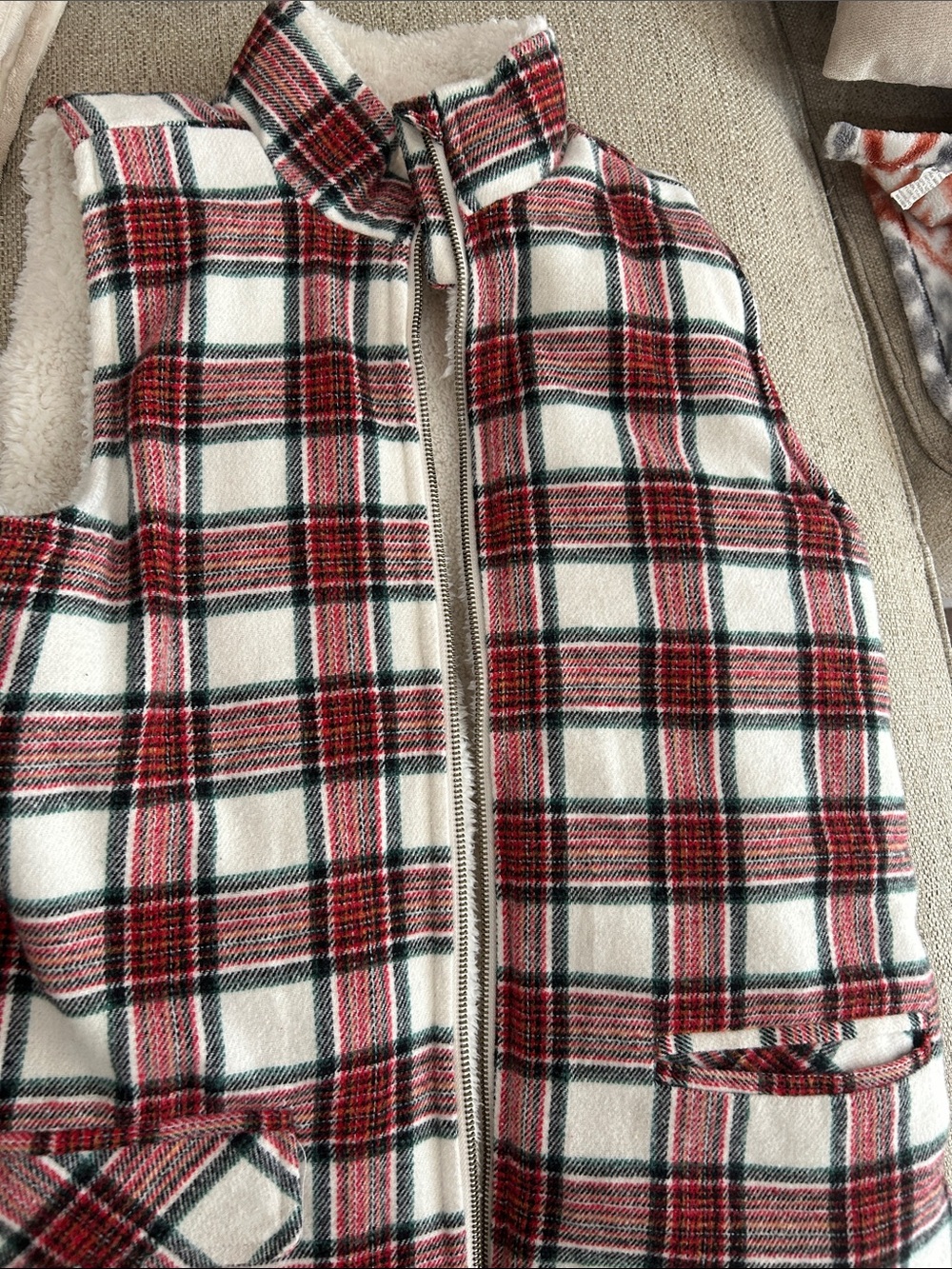 Maurices Red & Cream Plaid Zip-Front Sleeveless Vest